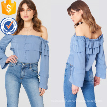 Blau Off-Shoulder Long Sleeve Layered Rüschen Sommer Top Herstellung Großhandel Mode Frauen Bekleidung (TA0087T)